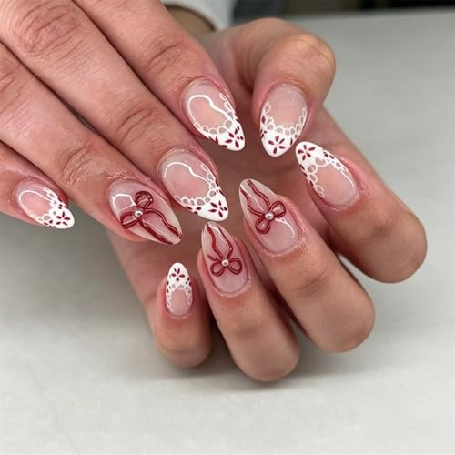 Press On Nails, French Tip Short Pointed Almond Fake Nails with UV Finish, #011