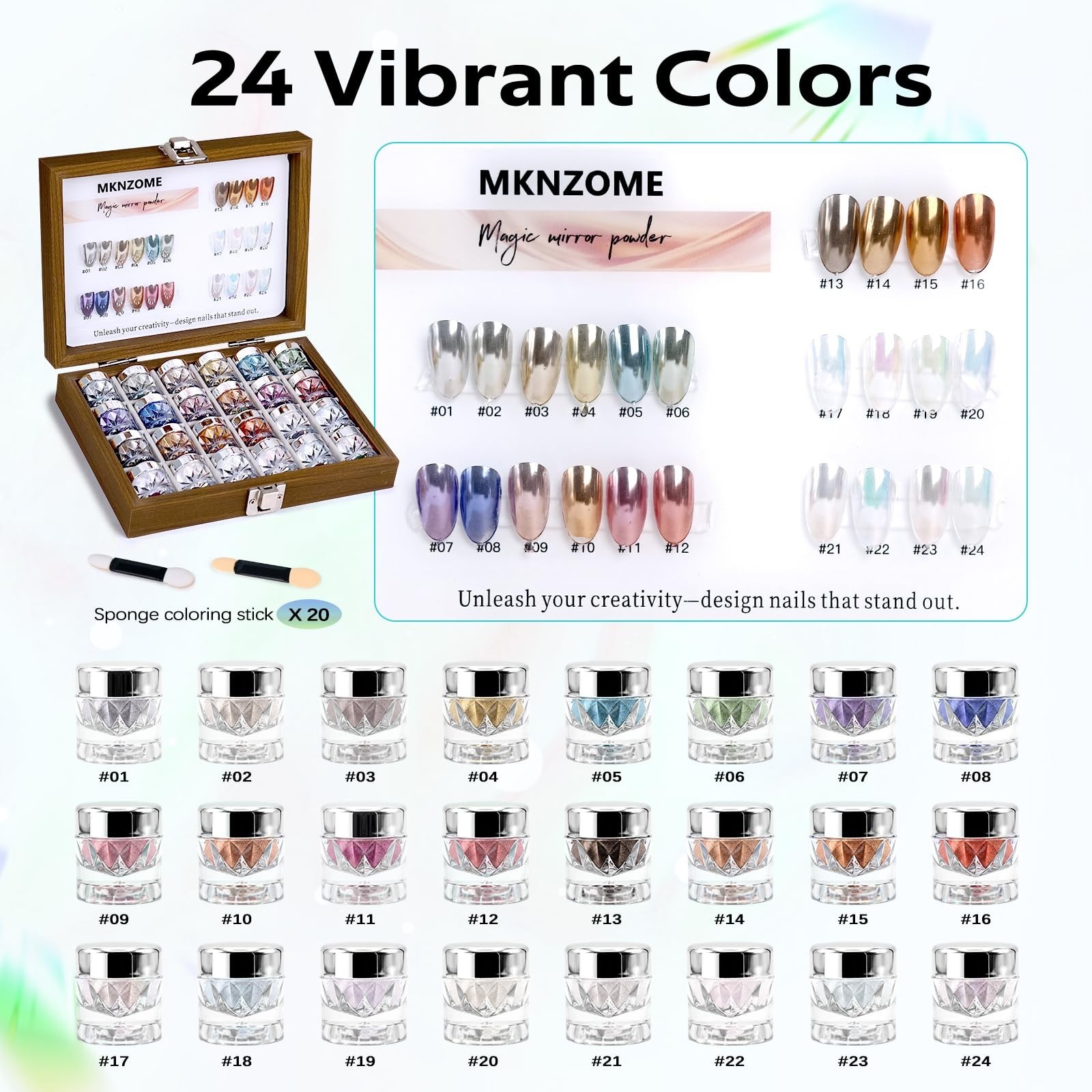 24 Colors Chrome Nail Powder – Iridescent Metallic Mirror Effect Pigment Glitter