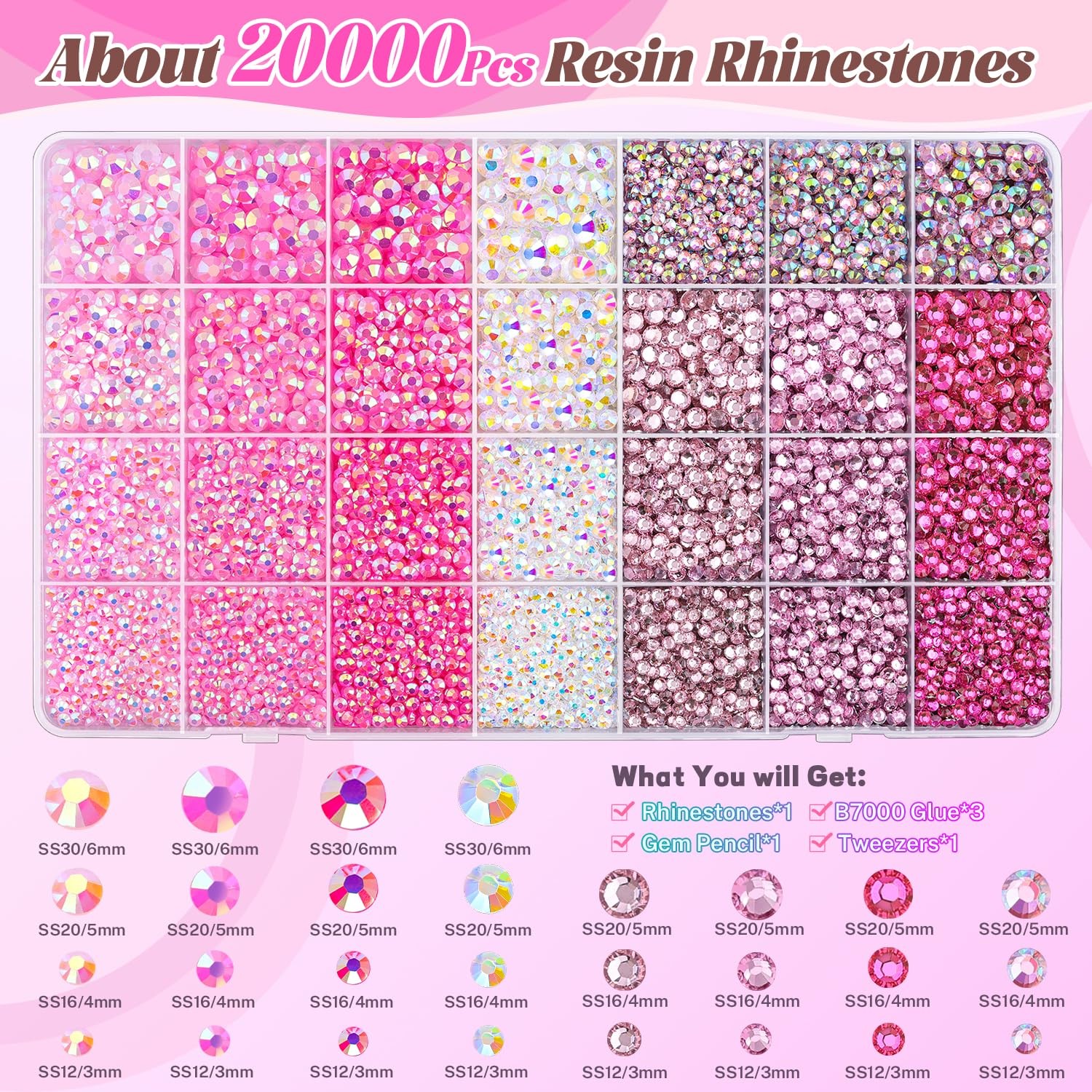 20000Pcs Pink Rhinestones for Bedazzling Kit with 3Pcs B7000 Jewelry Glue, Re…