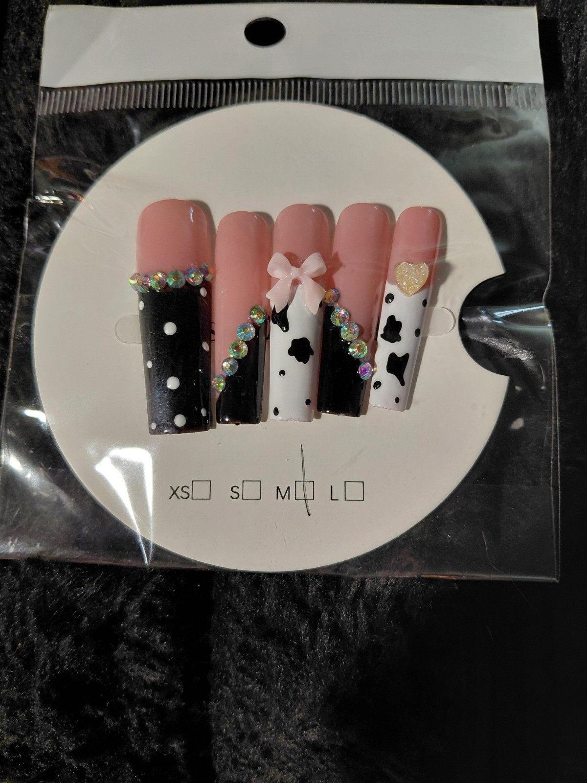 Press-On Nails Set Pink/Black/White Cow Print 3D Pre-Designed Square Medium