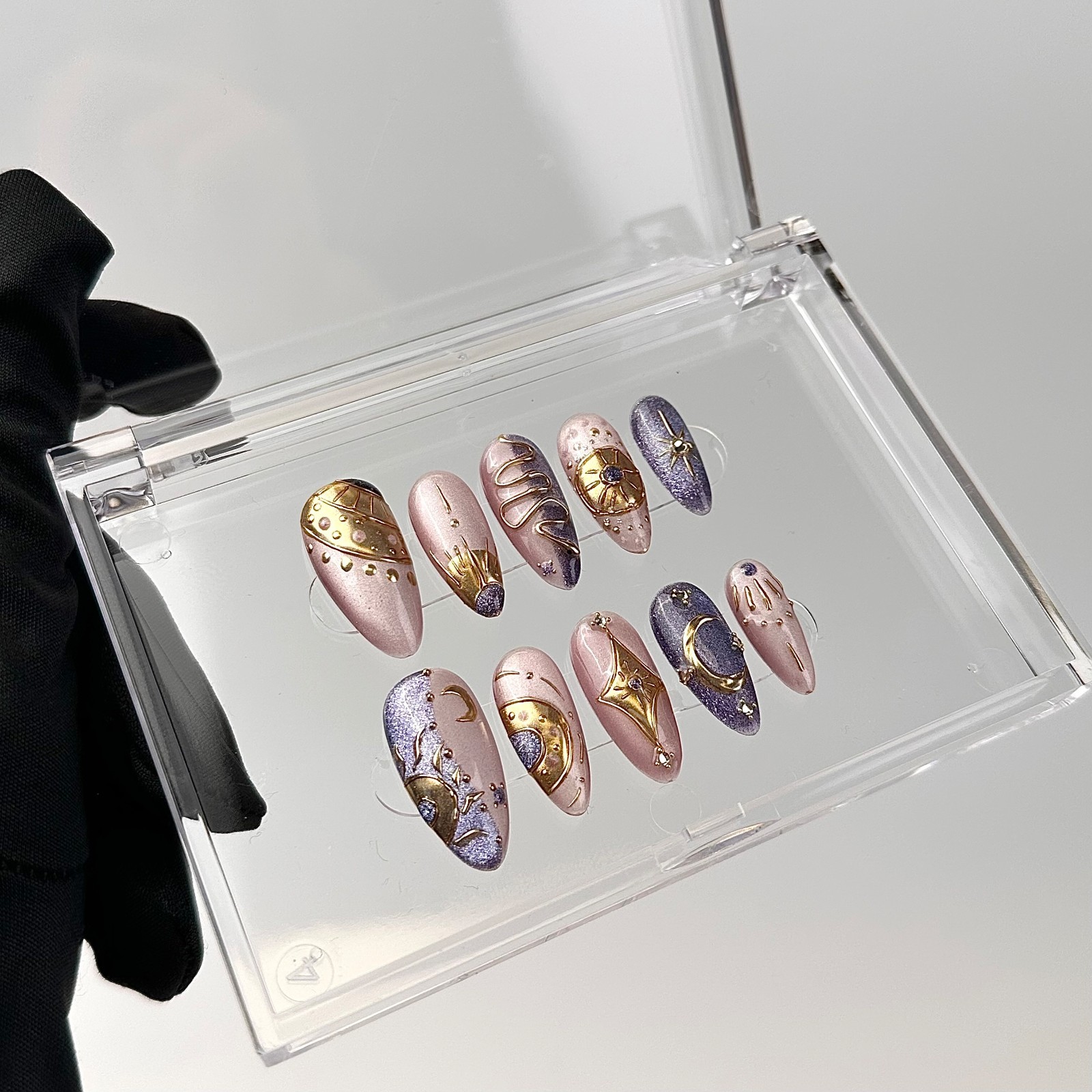 Press On Nails Medium Almond Purple Gold Celestial Moon Star Nail Art Glue Set