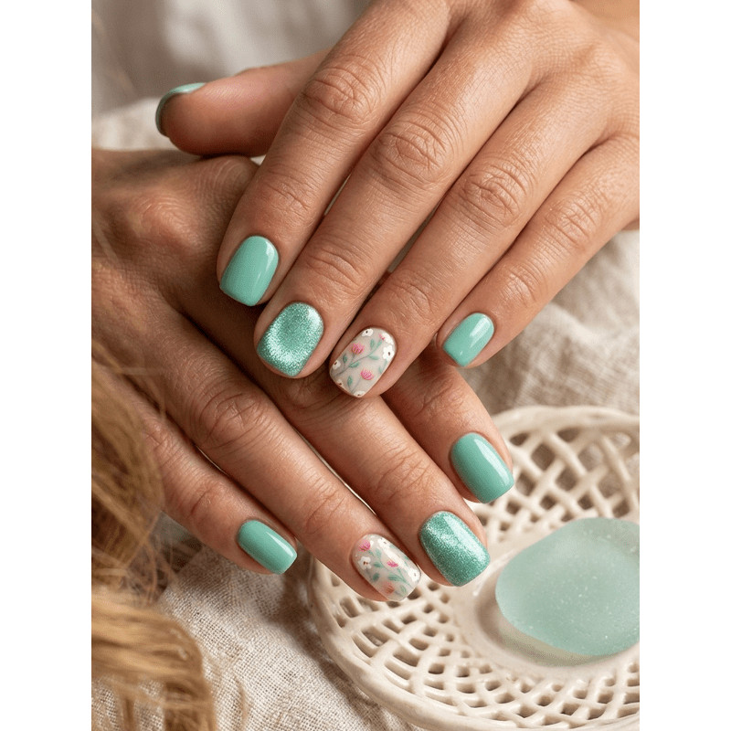 48 Pcs Mint Green Press on Nails, Short Square Cat Eye Floral Summer Fake Nails