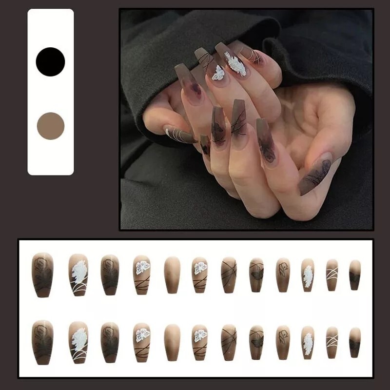 24 frosted Clear Brown black Press on nails kit glue on drawing edgy goth coffin