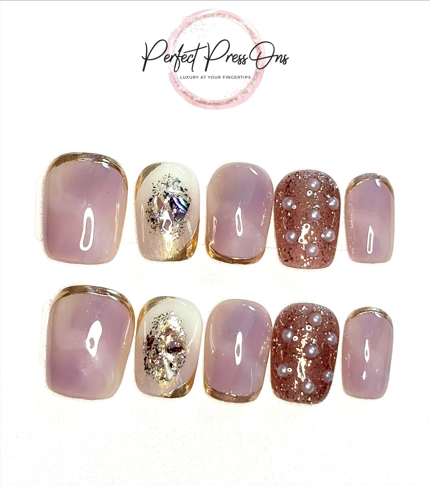 Mauve Purple Press On Nails Medium Chunky Glitter French Tip Velvet 10pc
