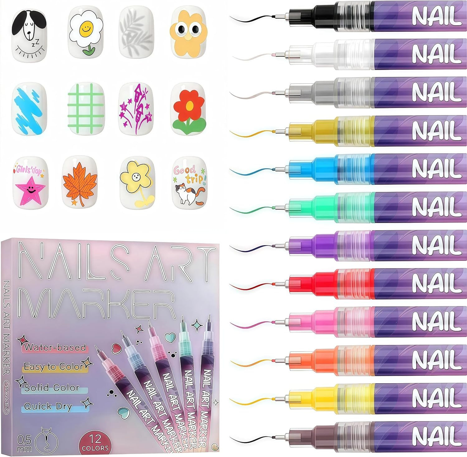 Nail Art Pens Set, Nail Art Marker for Nail Art 12 Colors with Fine Tip, DIY Nai