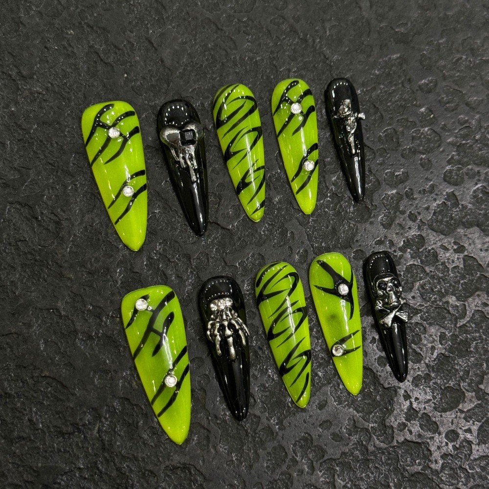 Long Ins Style Press On Nails Green Black Contrast Color Reusable False Nails