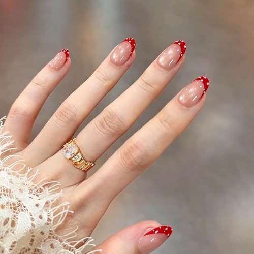 Wine Red French Short Press on Nails Nude Cat Eye Oval Fake Nails White Oval-S9