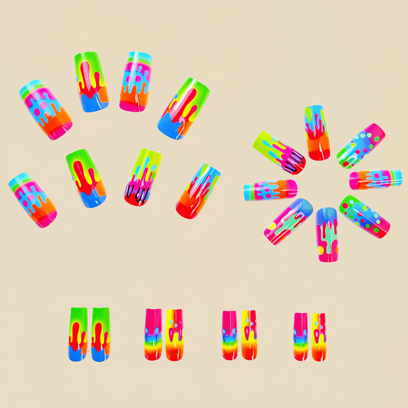 48Pcs Coffin Neon Rainbow Drip Press on Nails Trendy Party Stylish Nails