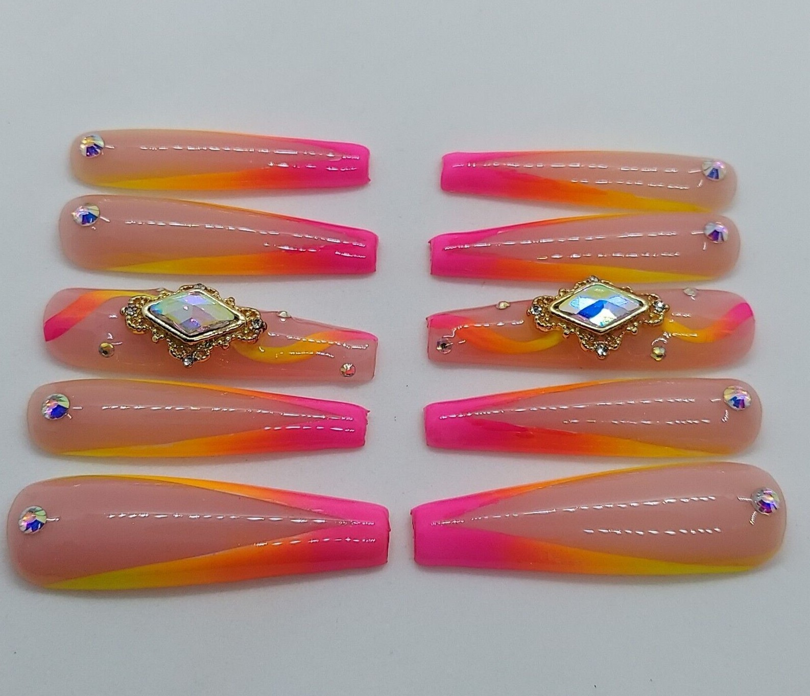 Tropical Nude Ombre Sunset Vacation Orange Pink Rhinestone Press on Nails