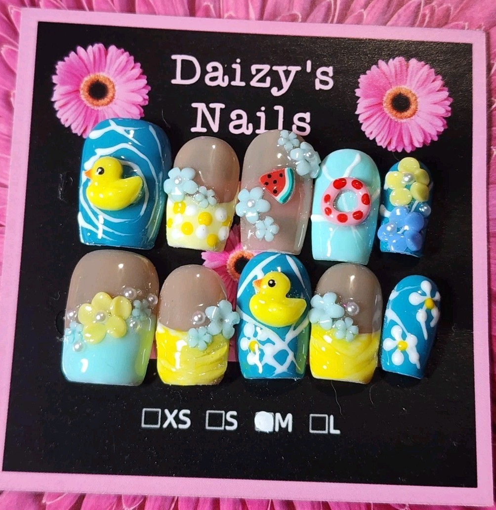 Medium Size Blue 3D Yellow Duck Summer Set Handmade Square 2.0 Cm Length