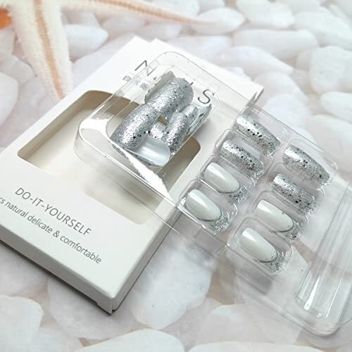 24 Pcs French Tip Press on Nails Medium Square False Nails Silver Glitter2