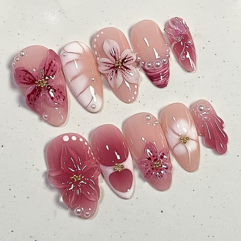 10pcs 3D Flowers Almond Shaped Press On Acrylic Nails | Medium Length