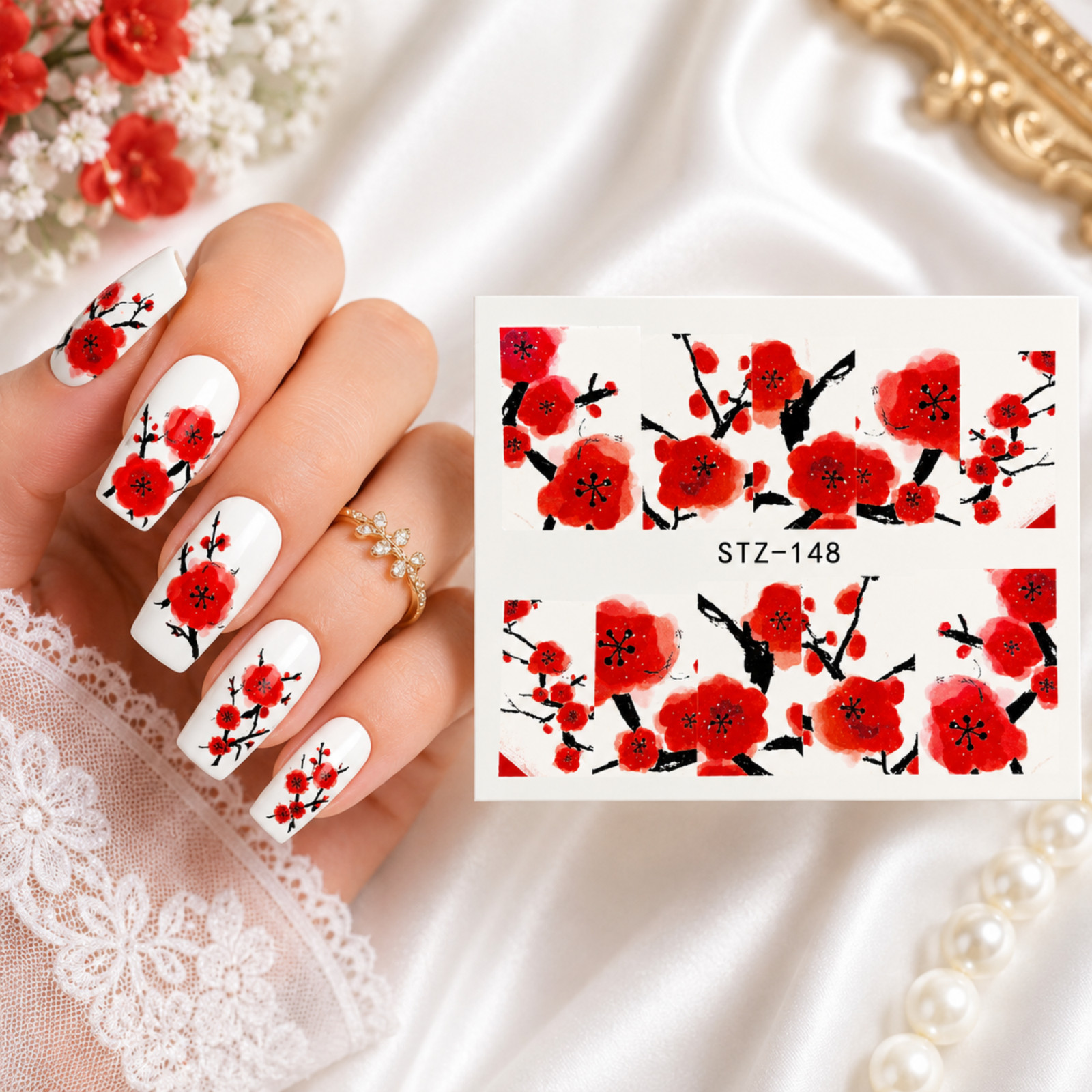 3D Red Nail Flower Decor Decal Stickers Art DIY Manicure Gel Acrylic Natural