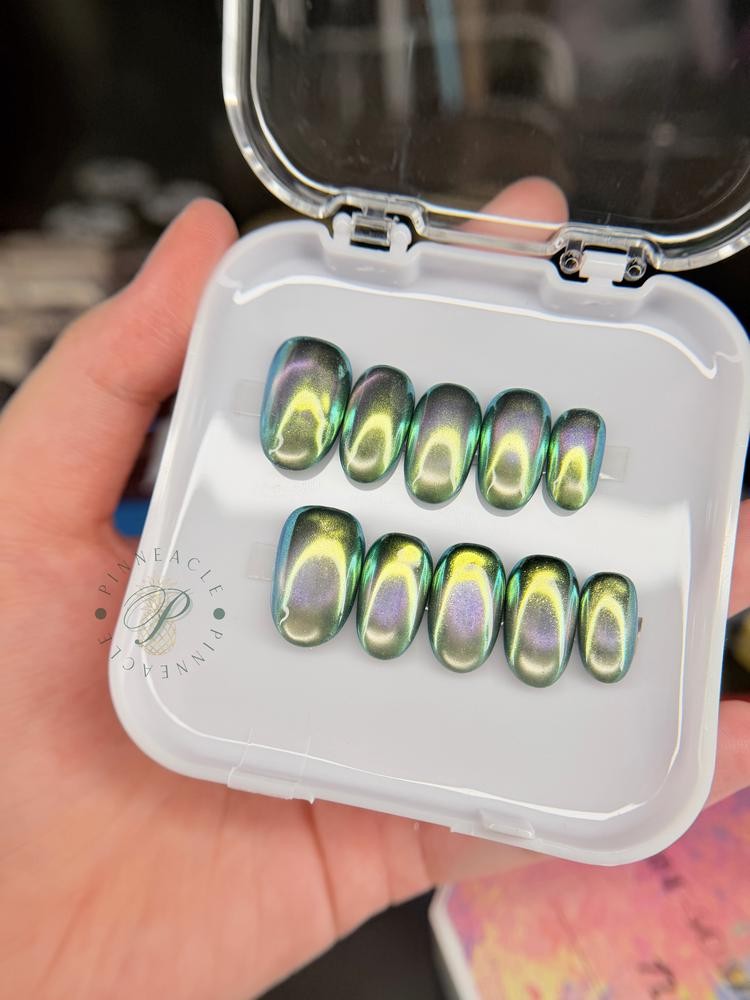 Custom Handmade Green Purple Chameleon Chrome Oval Press on Nails Set