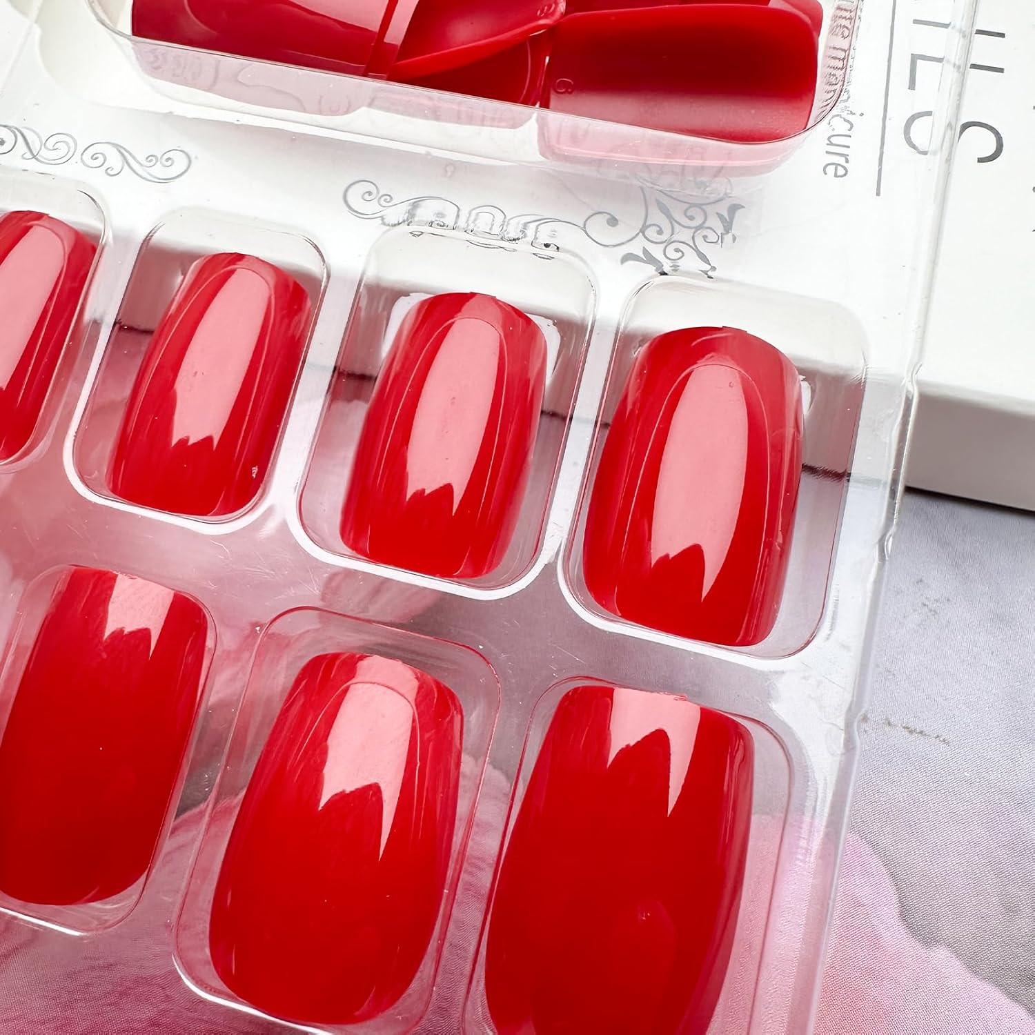Red Press on Nails Short Square Fake Nails Classic Red Glossy Handmade Color-2