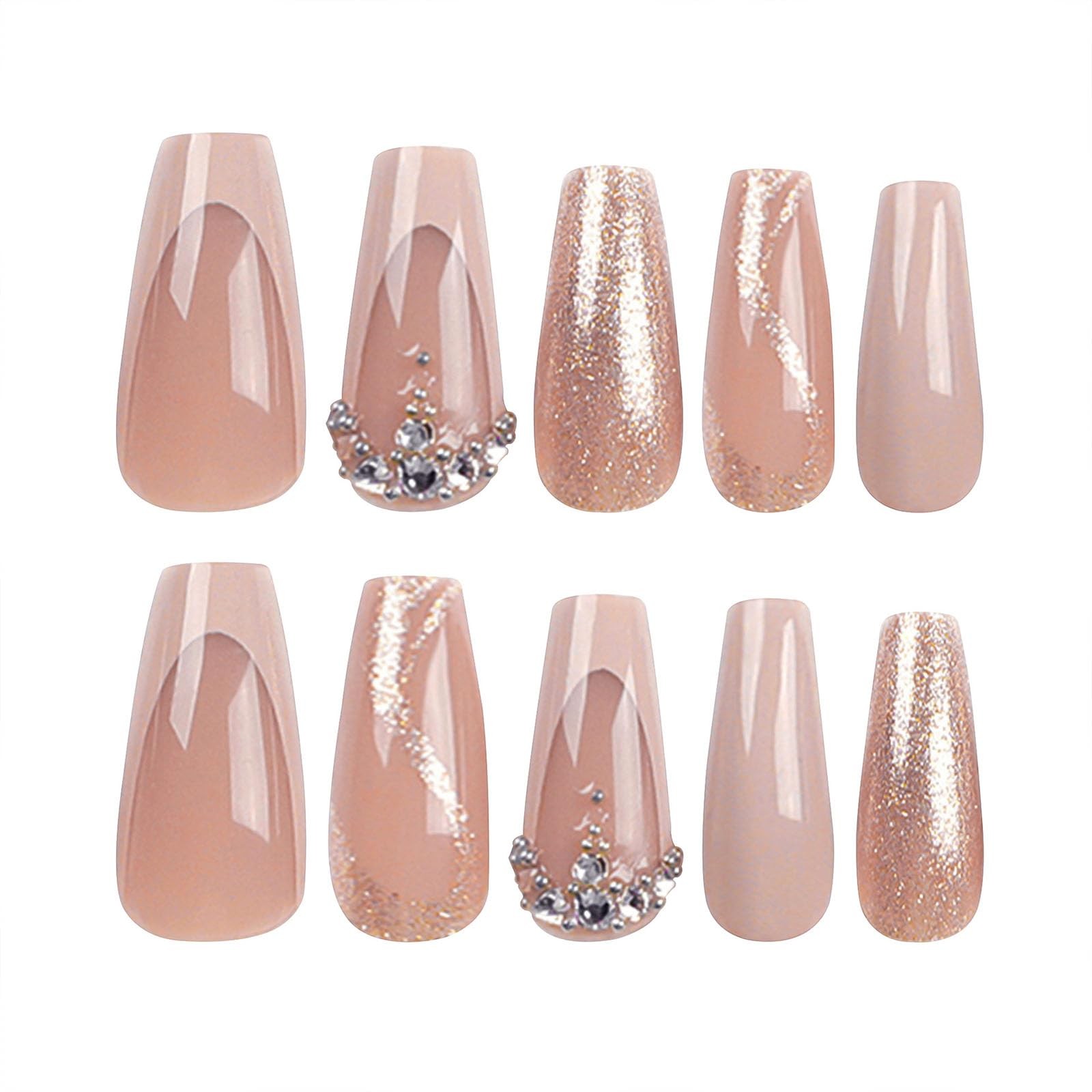 French Tip Press on Nails Medium Fake with Medium, gold brown nude