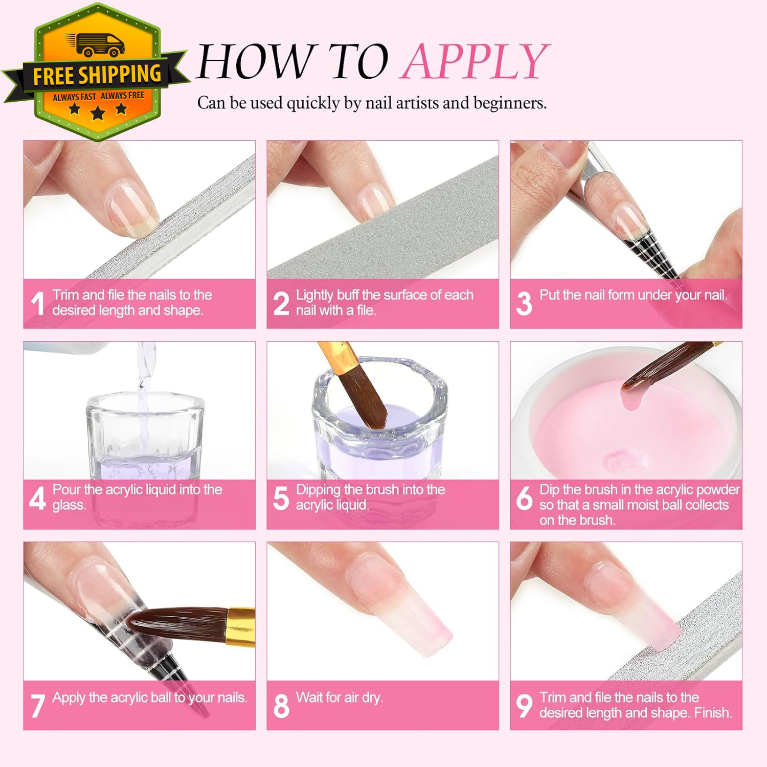 Acrylic Nail Kit With Drill UV Light 3 Powder Glitter Tips DIY Home Salon Set