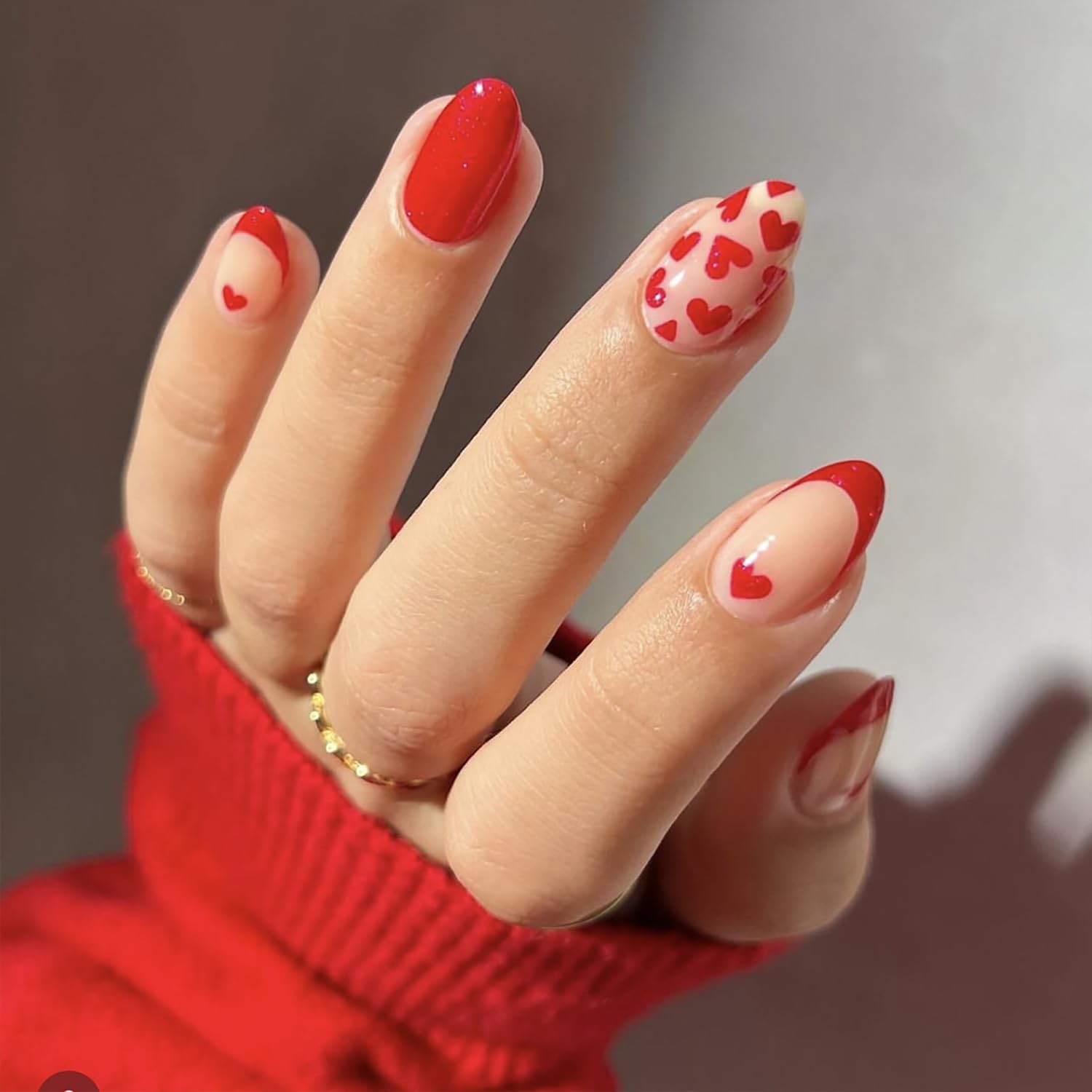 Valentine Fake Nails French Tip Press on Nails Cute Heart Acrylic Nails Mediu…