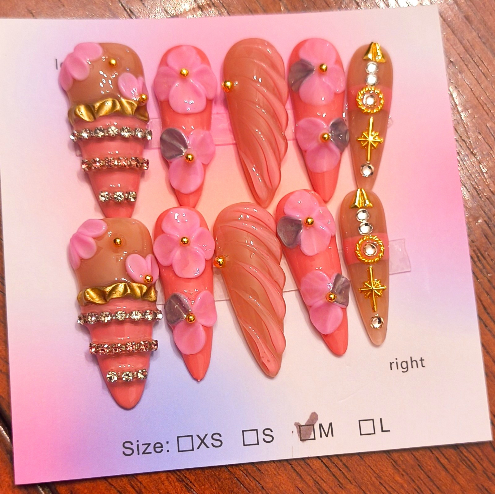 Press-On Nails Medium Stiletto Pink Beige Gold 3D Flower Full Cover Set