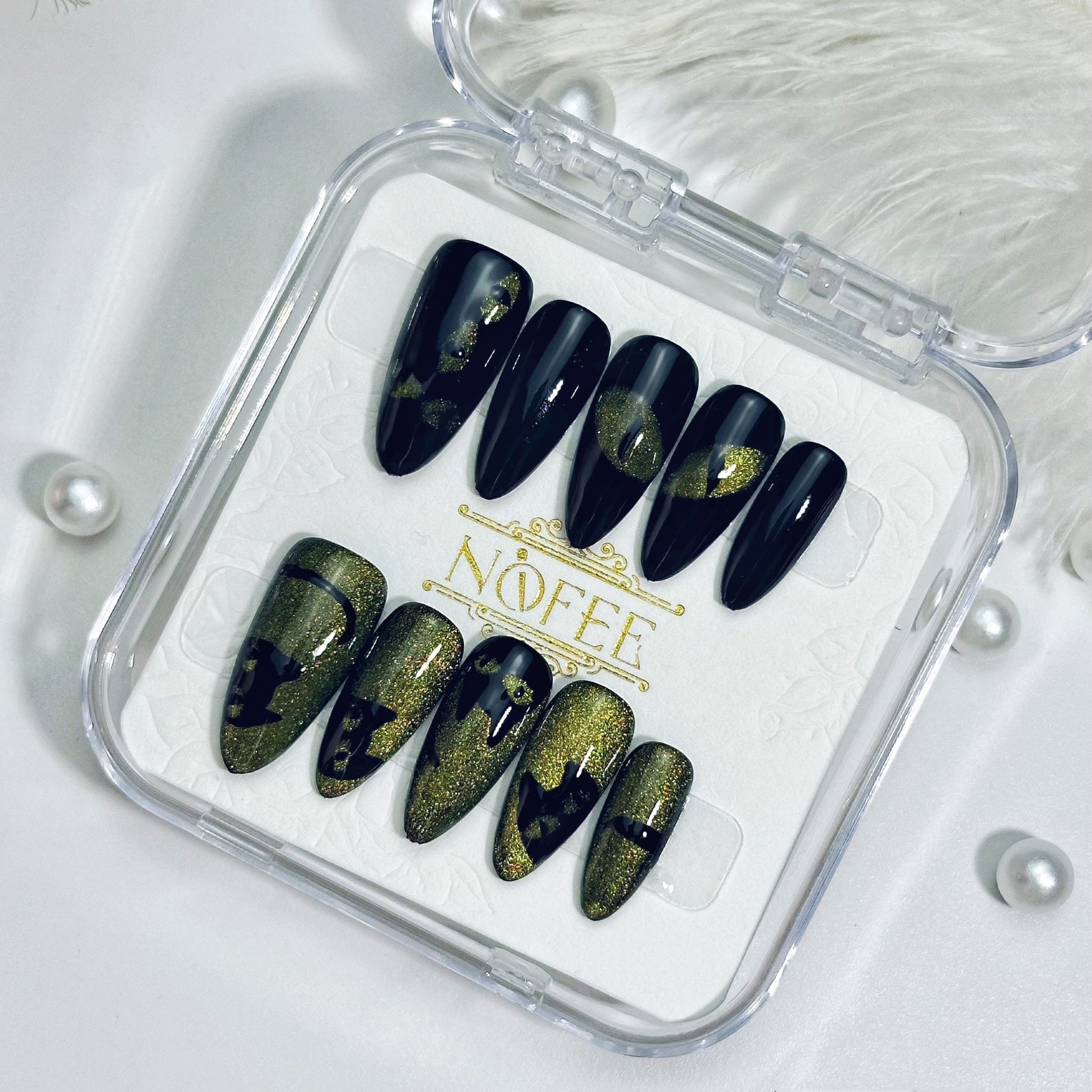 Custom Handmade Black Green Shimmer Halloween Black Cat Stiletto Press on Nails