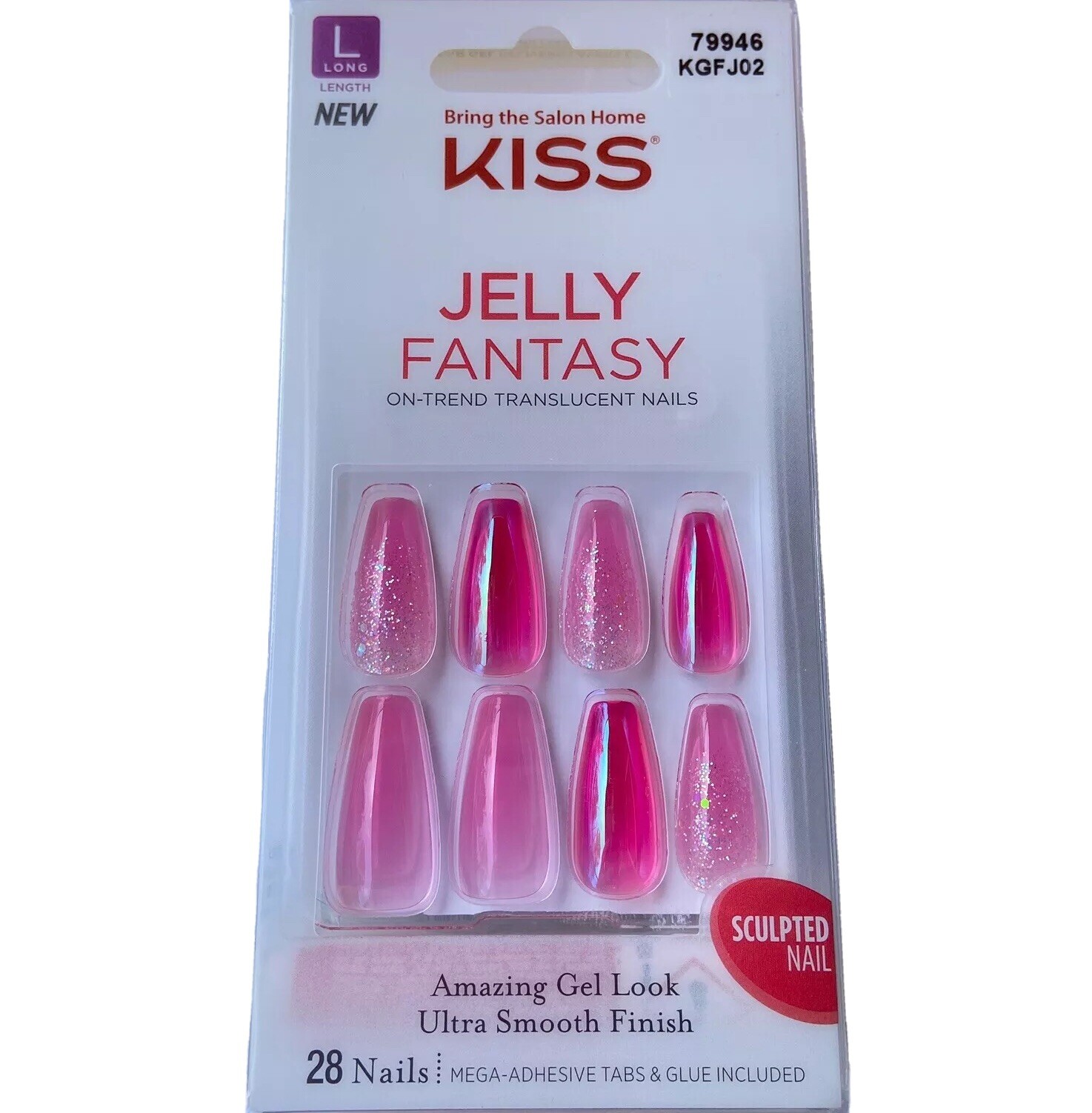NEW Kiss Nails Jelly Fantasy Press or Glue Manicure Long Gel Coffin Pink Glitter