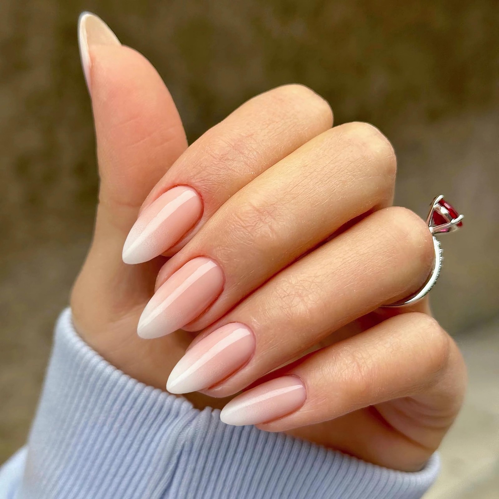 Press on Nails Almond, Ombre Nude to White Fake Nails Medium Press Ons, Gloss…