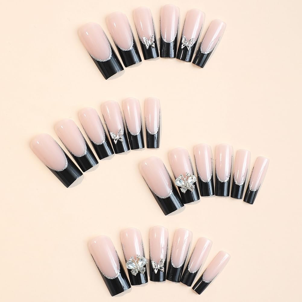 Long Press on Nails Square Black French Tip Fake False Nails with Bling Diamo…