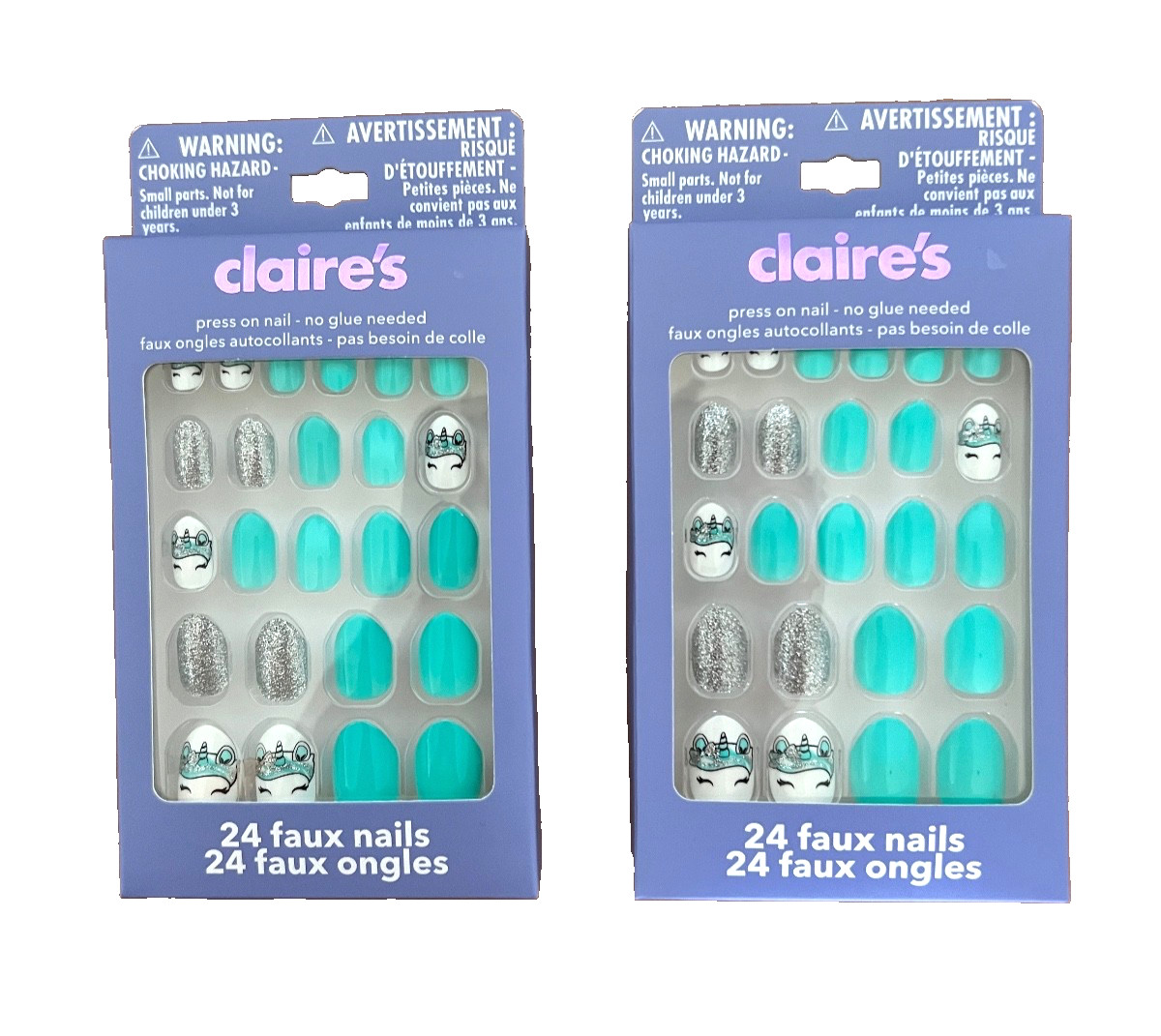 Lot of 2 Pack Claire’s Press On Nail Faux Nails Mint Green/Blue Unicorn Set