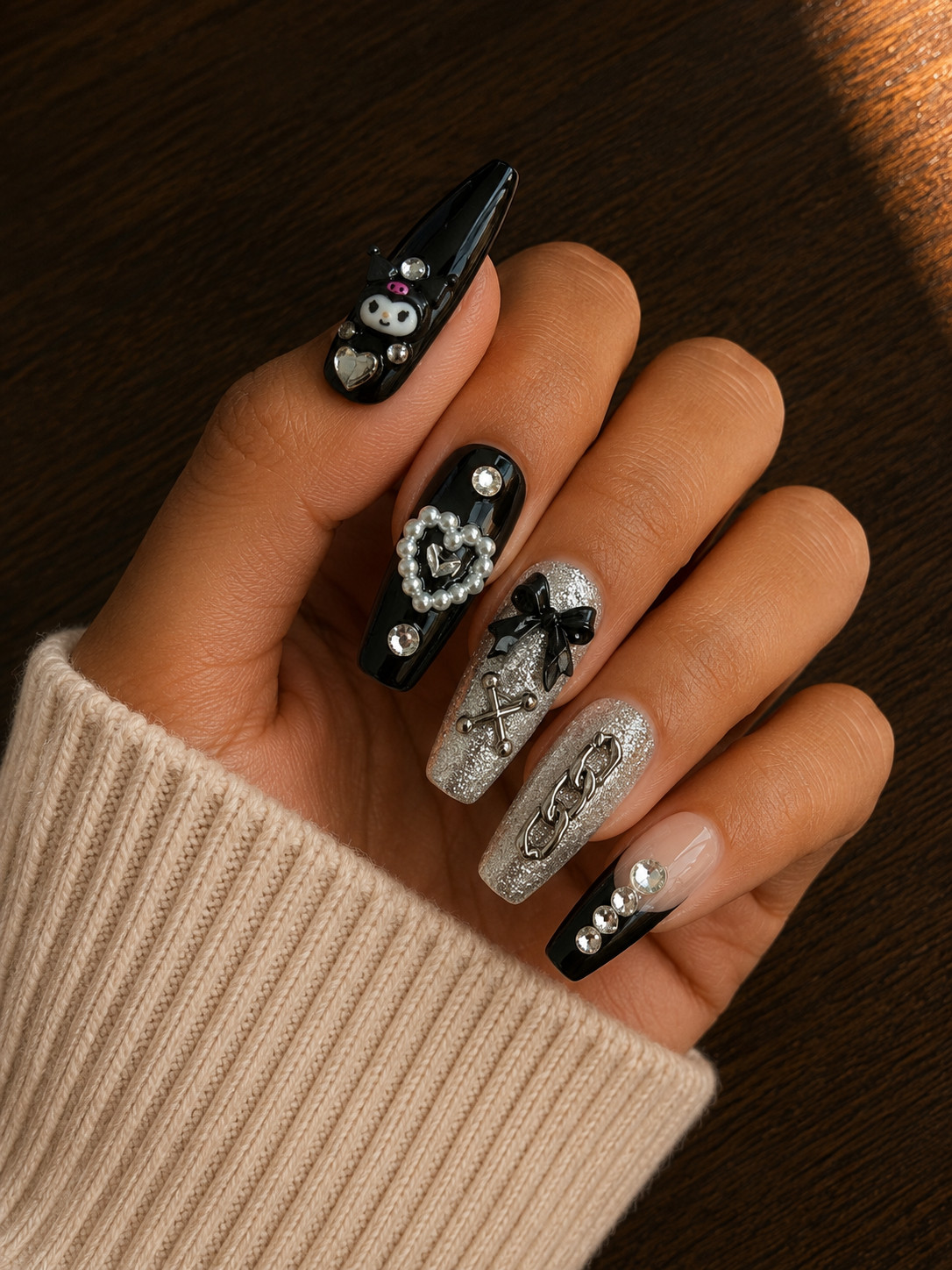 Kuromi Press-On Nails |Black gothic cute nails | Medium Coffin | 10-Piece Set