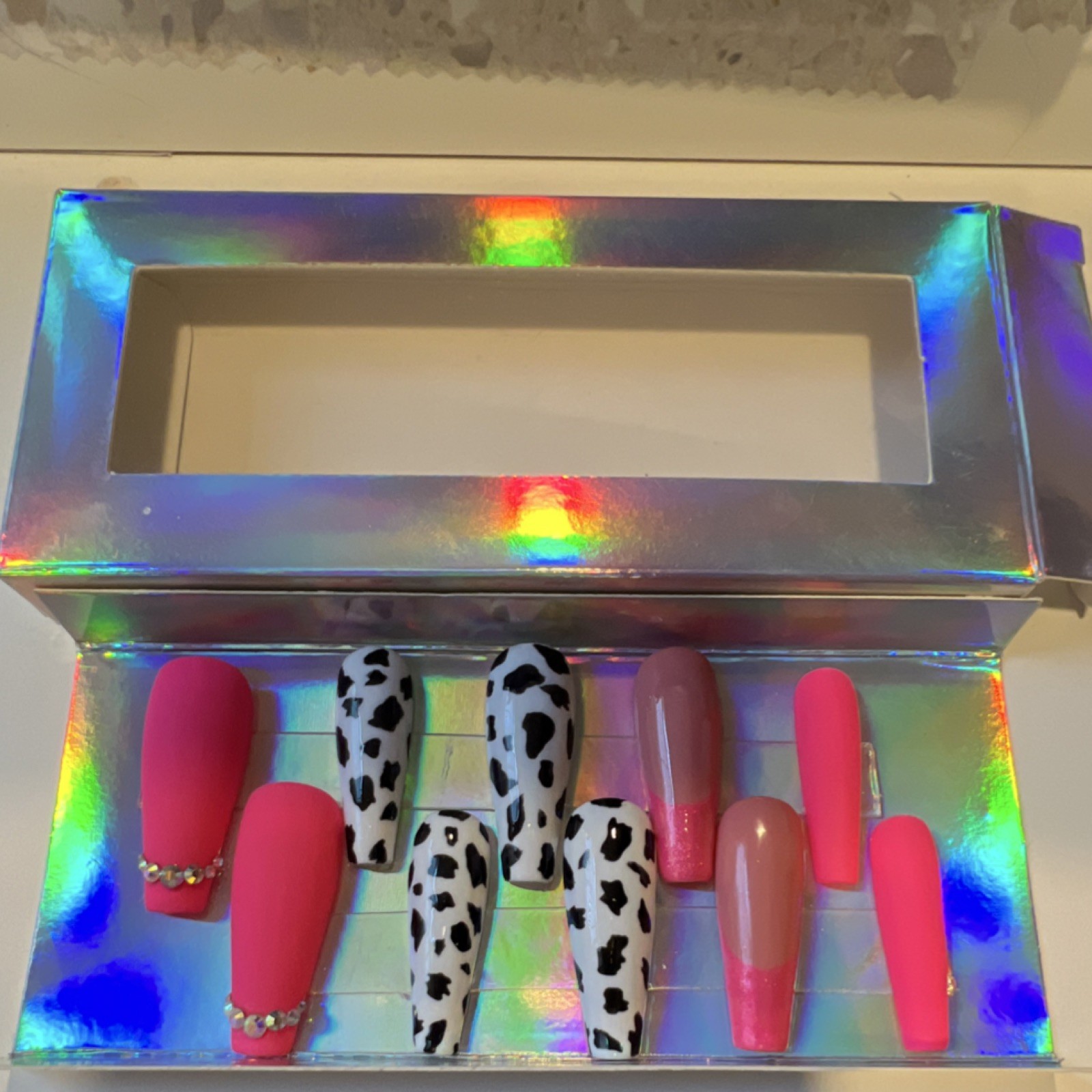 Long Coffin Press-On Nails Set Pink Cow Print Rhinestone Matte Glossy Full Cover