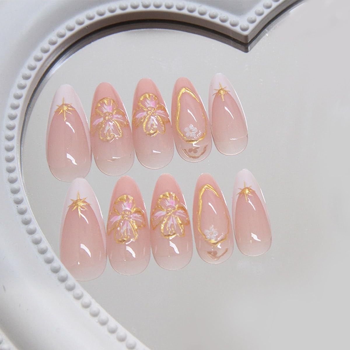 White French Tip Press on Nails Gold-Stamped Pink Flower Fake Nails Medium Al…