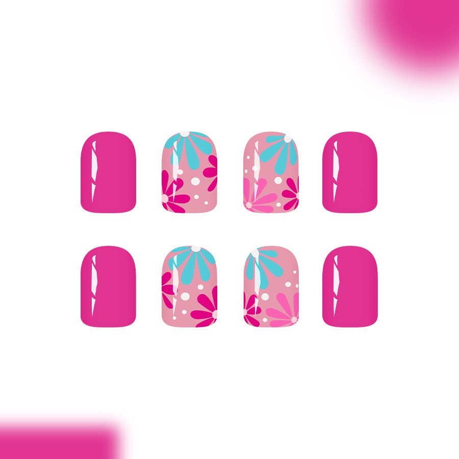 48P Short Square Press on Nails, Hot Pink Gradient Blue Floral Glossy Fake Nails