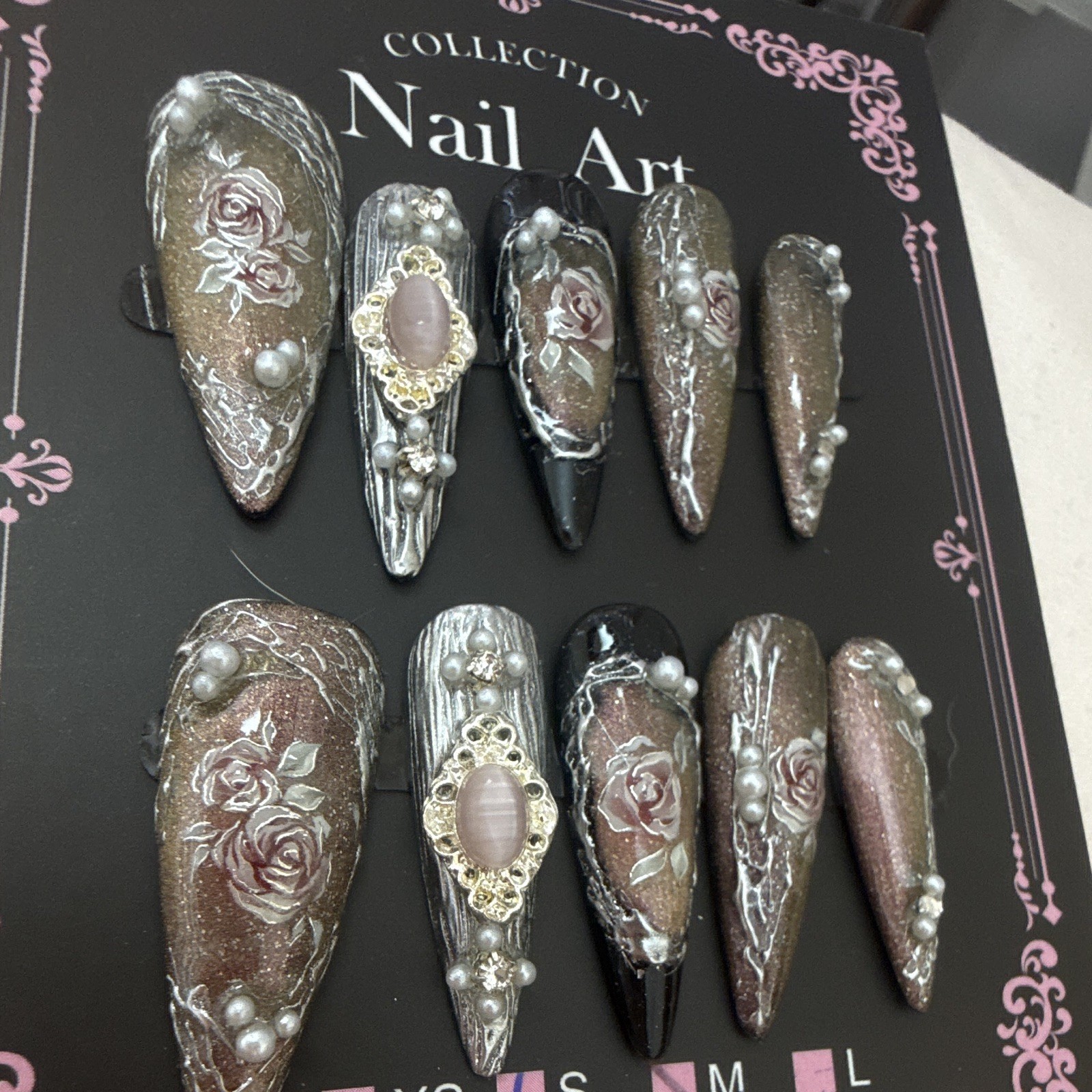 S size Black & Beige 3D Pearl Rose Long Stiletto handmade Press-On Nails Set