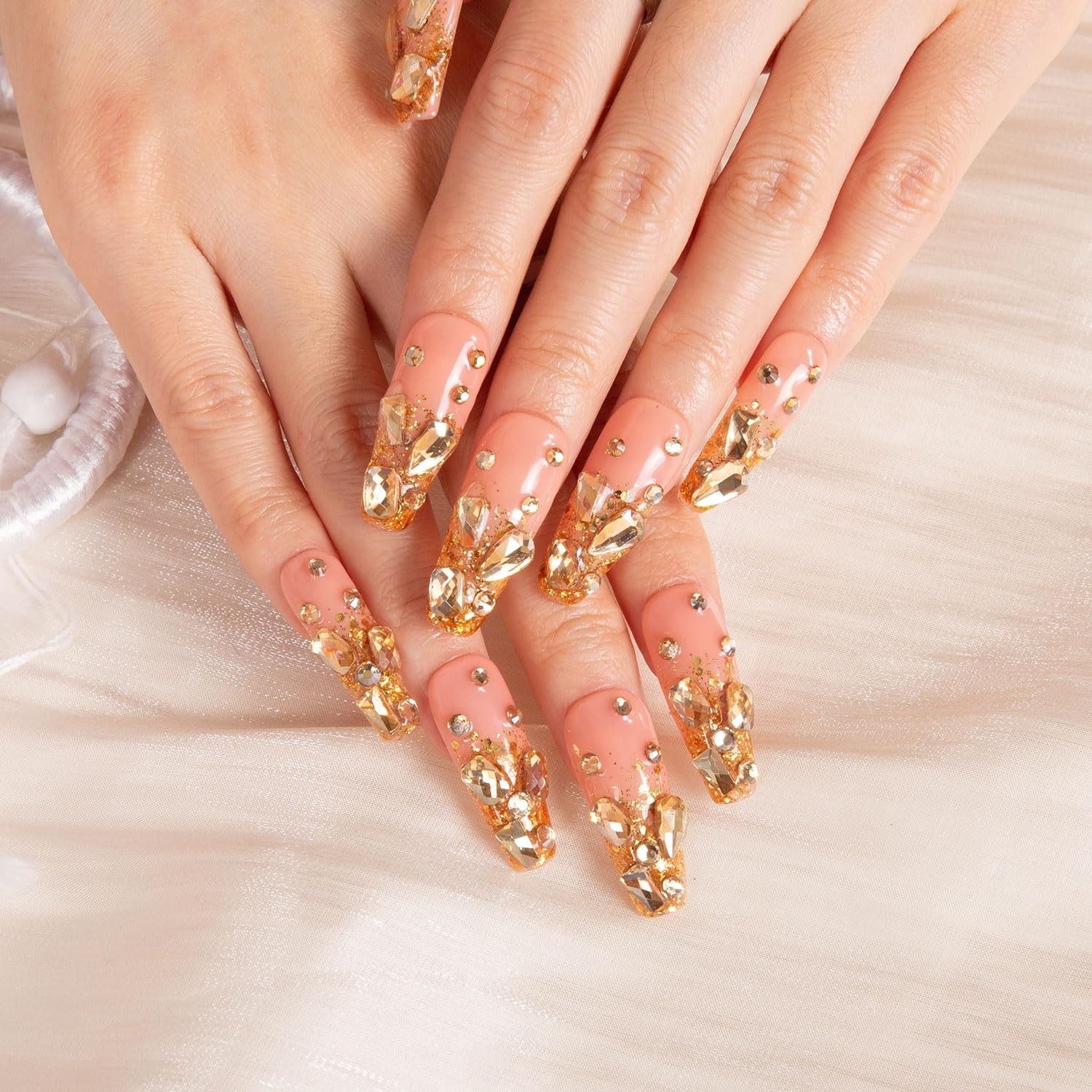 Press on Nails Stardust Gold Rhinestone Coffin Classic 1.3in – Reusable Full