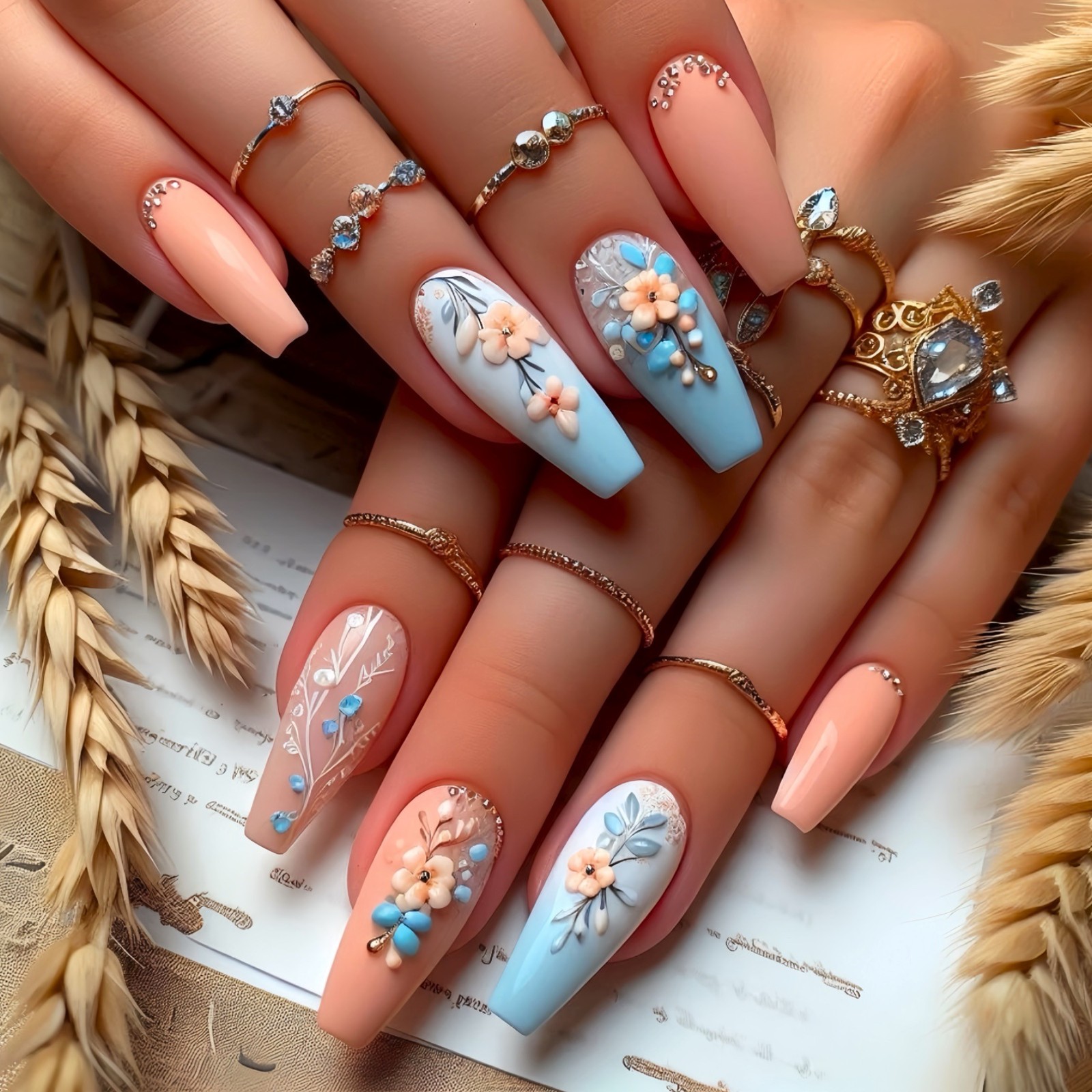 24PCS Sweet Cool 3D Floral Coffin Rhinestone Contrast Ballet Short Press On Nail