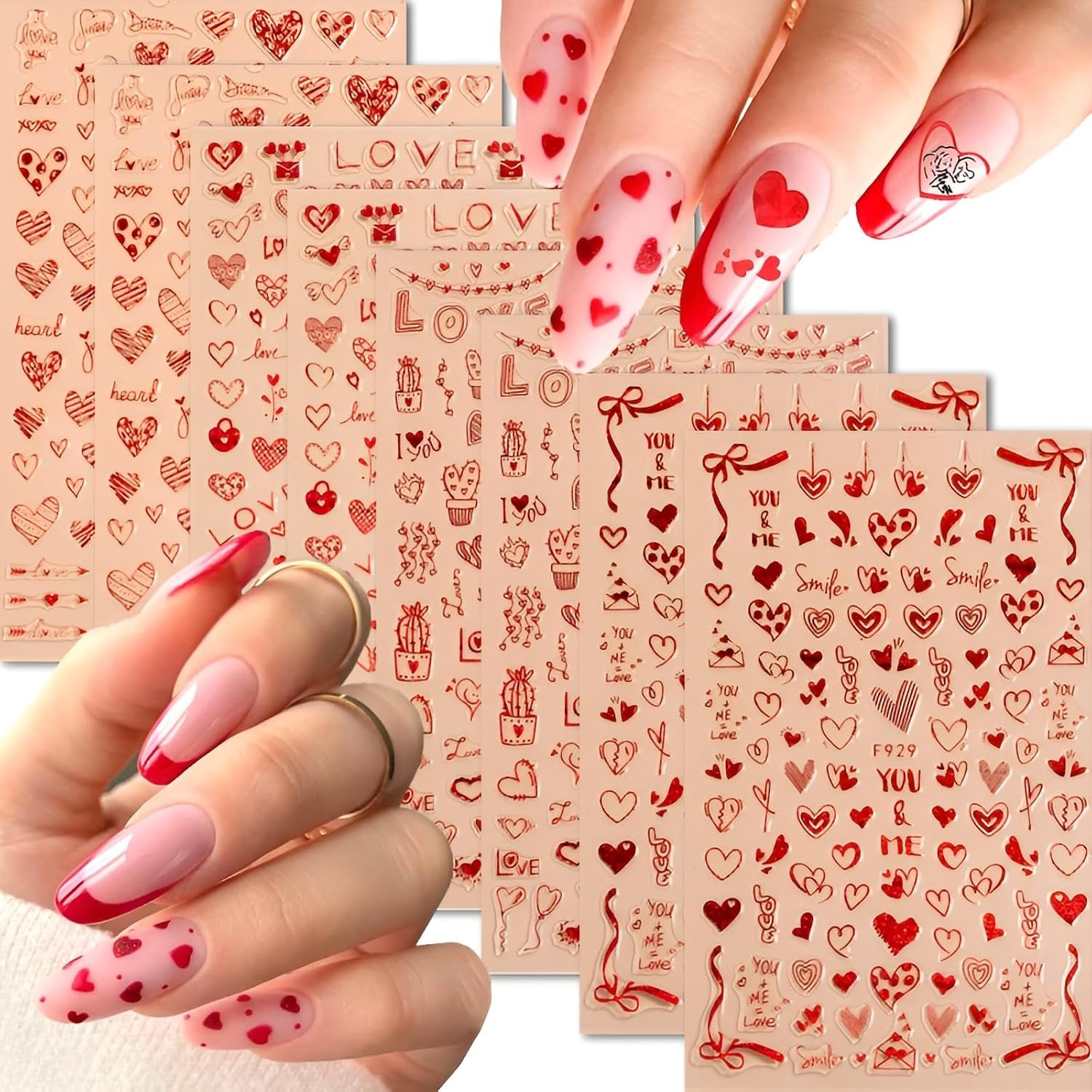 8 Sheets Valentine’S Day Nail Art Stickers Heart Nail Supplies 3D Self-Adhesive