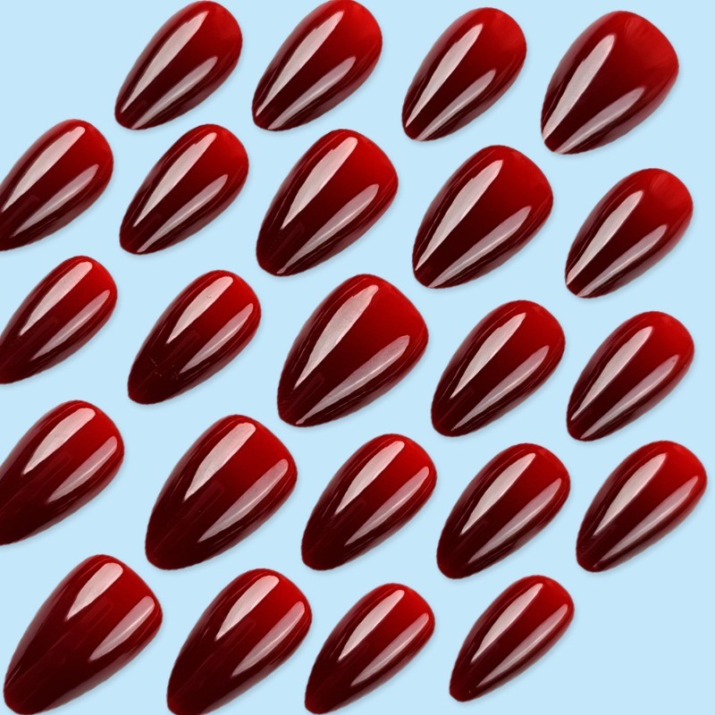 60Pcs-Glossy Burgundy Press on Nails Medium Almond Nail Solid Color Manicure
