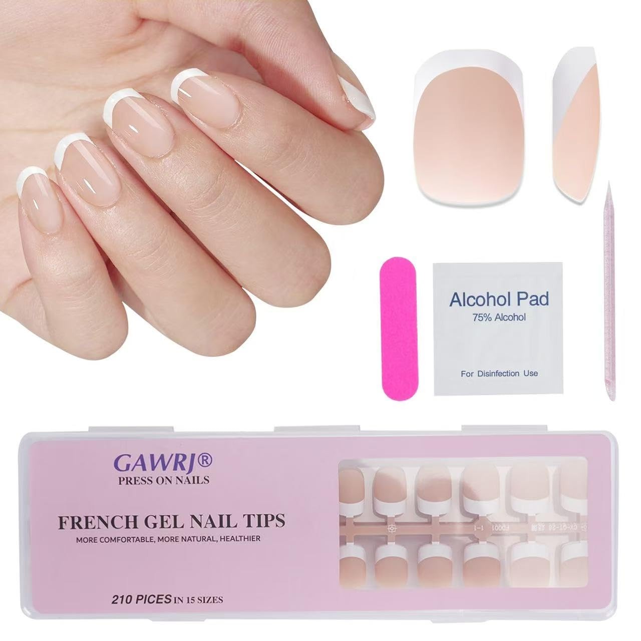 210 Pcs White French Nail Tips-Short Square Press On Nails Nude, Pre-Designed…