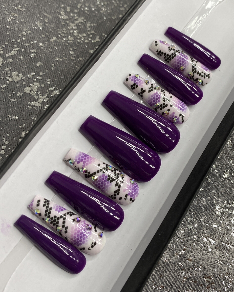 🔥CUSTOM Gel Press On False Nails, Purple w/ BLING 10 set, w/ FULL KIT NEW MED