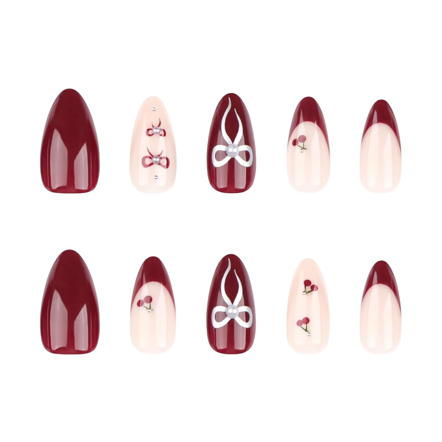 Red French Tip Press on Nails Cherry Fake Nails Short Almond False Nails with…