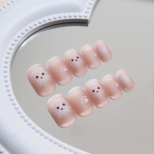 Press on Nails Square Short Length Acrylic Glossy Full Cover Cute White Cat