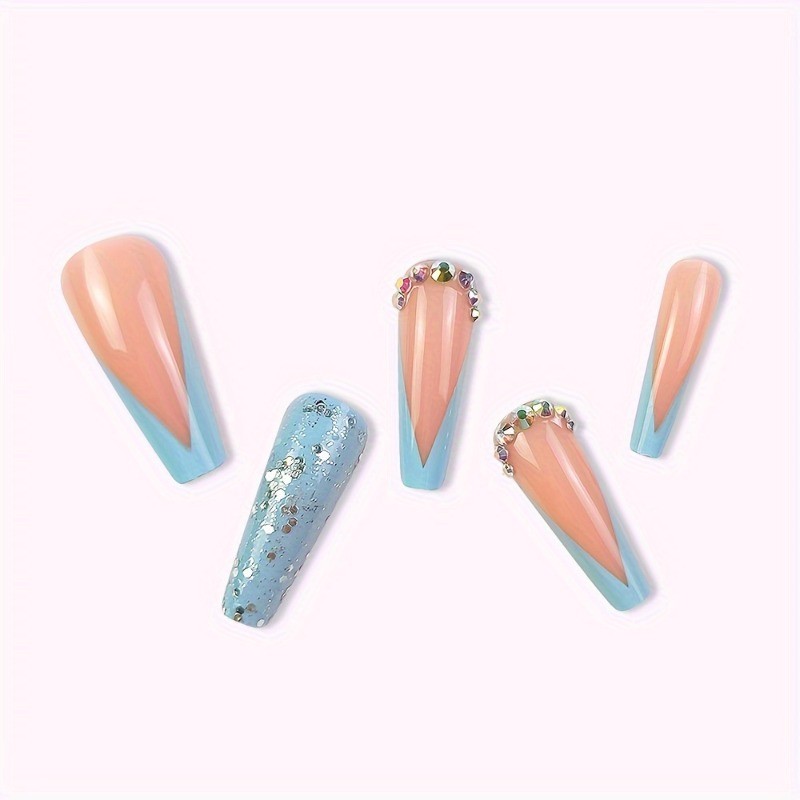 48pcs Baby Blue & Nude Press on Nails Long Coffin with Ombre and Silver Glitter