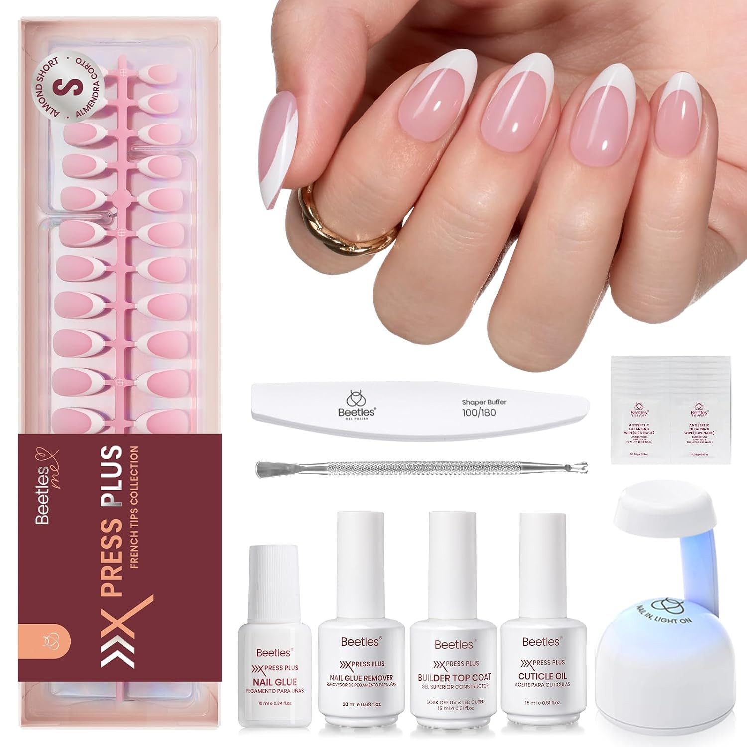 Beetles X Press Gel Nail Kit, Press on Nails Short Almond Kit with 224Pcs French