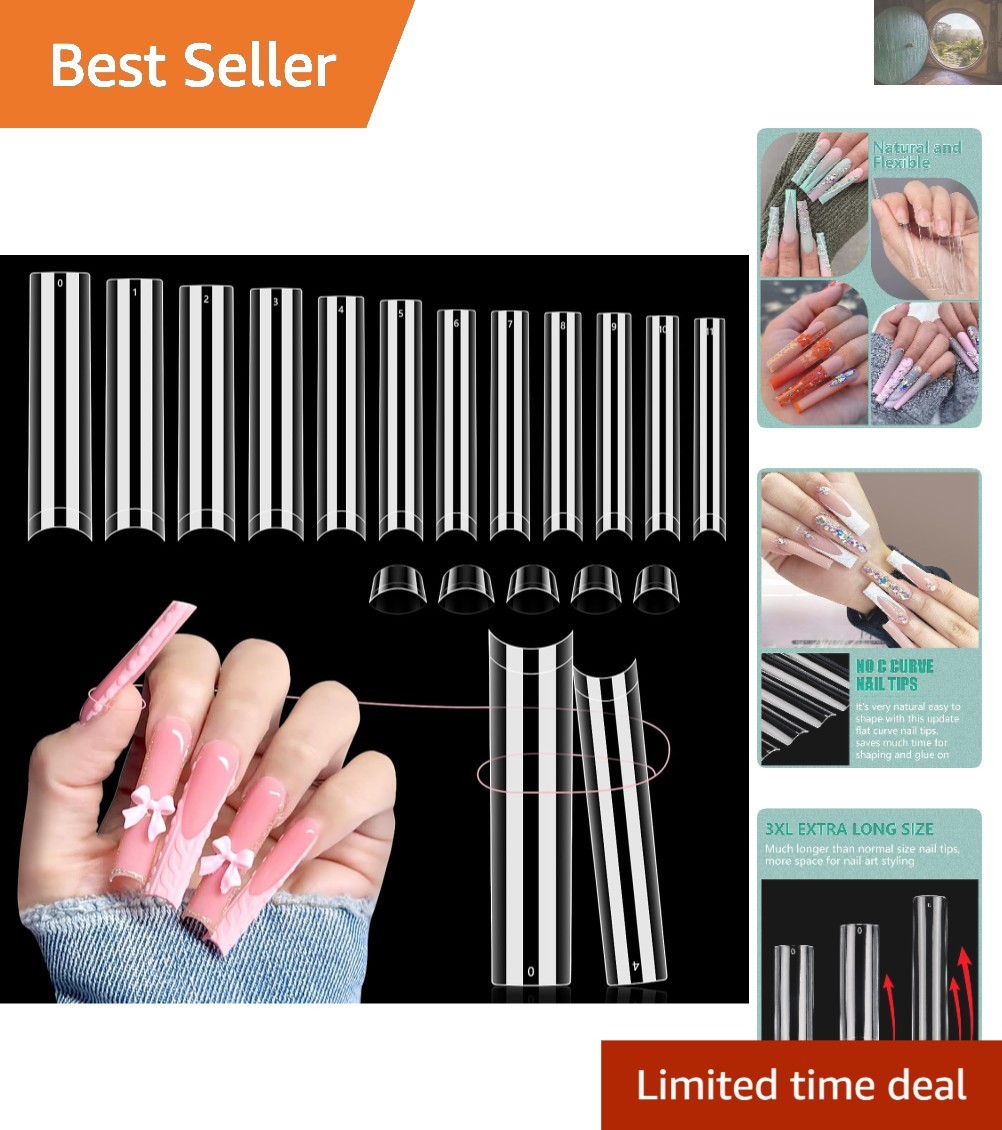 504 PCS No C Curve Extra Long Acrylic Nail Tips – 3XL, 12 Sizes for DIY & Salons