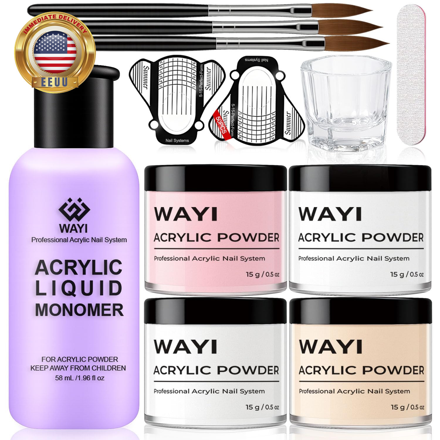 9Pcs Acrylic Nail Kit – 4Pcs Acrylic Powder (Pink, White, Clear, Nude) and Profe