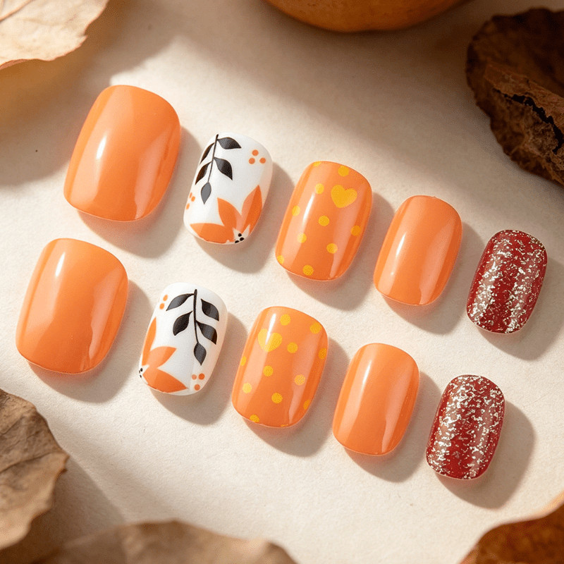 48Pcs-Short Square Autumn Orange Leaf Polka Dot Heart Glitter Press on Nails Set