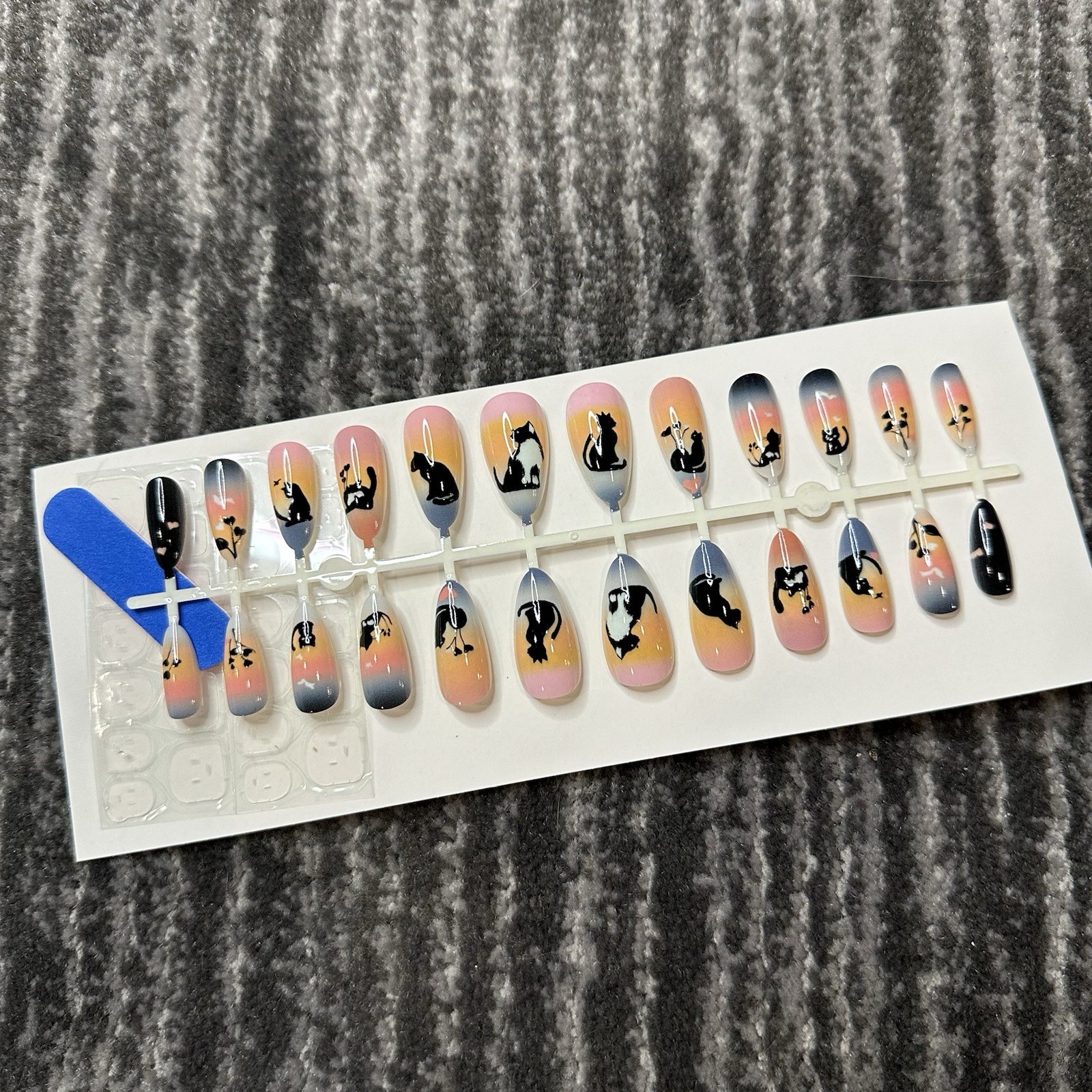 Cat Fake Nails Press On 24 Pack Kit Long Point Tuxedo Cat Black Cat Lady Gift