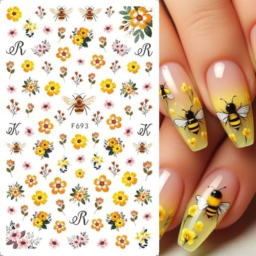 Spring Summer Flower Nails Stickers Decals Bee Butterfly Nails Art Bee Flower