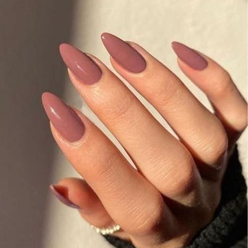 Brown Red Almond Press on Nails Medium Fake Nails Solid Color Glossy 04-Mauve