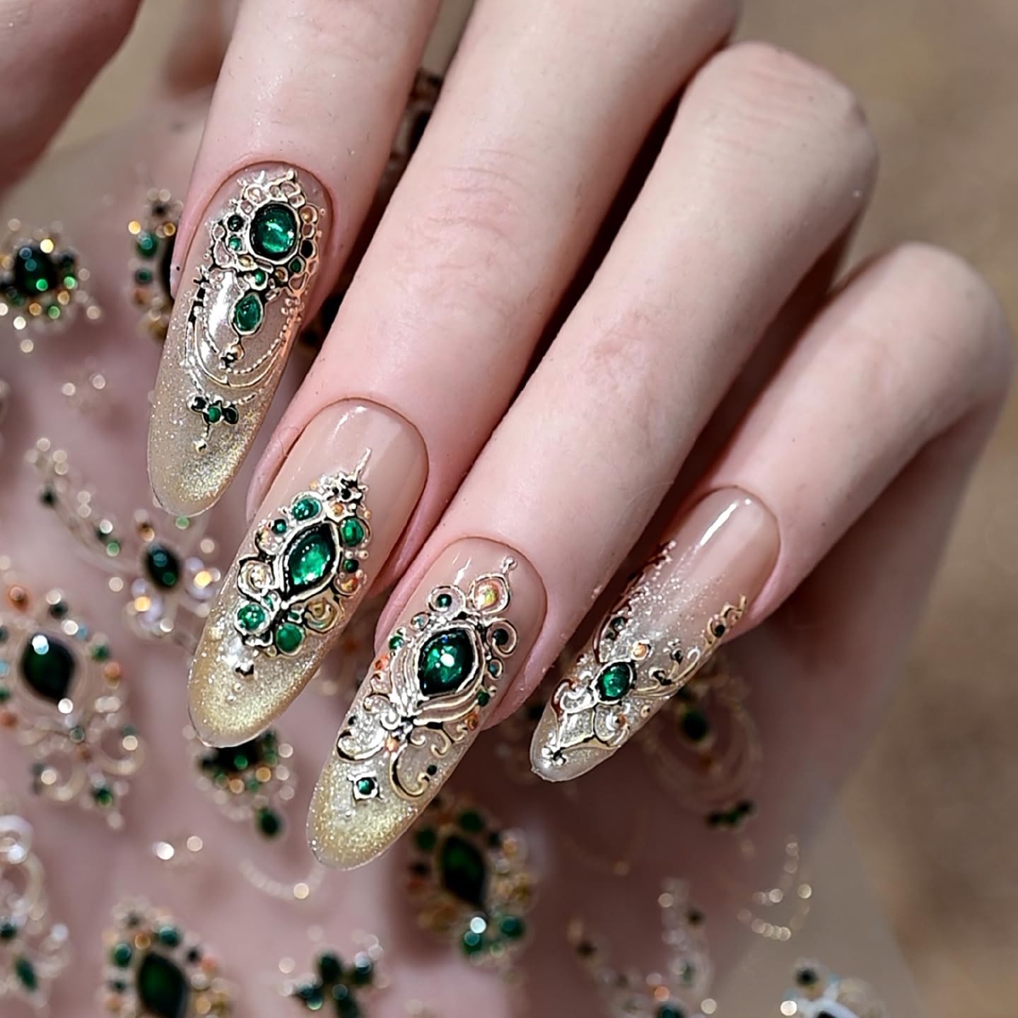 NBNTGH 5D Embossed Gemstone Nail Stickers Gold Art Green Mace